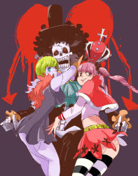 Rule 34 | 1boy, 2girls, ass, black dress, black legwear, blonde hair, blue eyes, blunt bangs, brook (one piece), clothes lift, crown, dress, drill hair, feather boa, hat, highres, long hair, multiple girls, one piece, perona, pink hair, ppphatop, skeleton, skirt, skirt lift, stitches, striped legwear, thighhighs, twintails, victoria cindry, white legwear, zombie