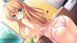 Rule 34 | 1girl, :3, amatarasu riddle star, apron, ass, blush, breasts, brown hair, cabbage, clenched hand, dutch angle, game cg, green eyes, hatta madori, holding, kitchen, lace, lace-trimmed panties, lace trim, ladle, large breasts, long hair, looking at viewer, looking back, nearly naked apron, nipples, panties, pink panties, seal-qualia, sideboob, smile, solo, syroh, tsurime, underwear, window