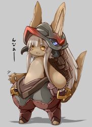 Rule 34 | 1other, animal ears, ears through headwear, full body, furry, helmet, karukan (monjya), long hair, made in abyss, nanachi (made in abyss), open mouth, simple background, smile, solo, tail, whiskers, white hair, yellow eyes