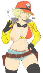 Rule 34 | 10s, 1girl, bad id, bad tumblr id, belt, bikini, bikini top only, blonde hair, breasts, brekkist, cidney aurum, cropped jacket, cum, cum on body, cum on breasts, cum on upper body, english text, female focus, final fantasy, final fantasy xv, flat color, gloves, goggles, goggles around neck, green eyes, hat, highres, huge breasts, looking at viewer, md5 mismatch, navel, nipples, one breast out, resolution mismatch, short shorts, shorts, simple background, smile, solo, source larger, speech bubble, swimsuit, thighhighs, thong, white background