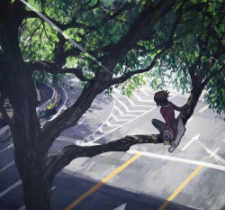 Rule 34 | 1boy, arm support, brown hair, duel disk, facing away, from above, from behind, in tree, long sleeves, male focus, moribuden, pants, pavement, road, scenery, short hair, solo, street, sunlight, tree, yu-gi-oh!, yu-gi-oh! gx, yuki judai