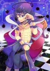 Rule 34 | 1boy, ;), abs, armchair, bare pectorals, black hair, black pants, blue eyes, chair, checkered floor, closed mouth, commentary request, crossed legs, hair between eyes, hand up, hood, hood up, indie virtual youtuber, kou hiyoyo, looking at viewer, male focus, mrblurry, on chair, one eye closed, pants, pectorals, puffy pants, see-through, short sleeves, smile, solo, virtual youtuber