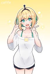Rule 34 | 1girl, amano pikamee, black hairband, black shorts, blonde hair, breasts, caffe0w0, cleavage, commentary, commission, english commentary, green hair, hairband, head tilt, highres, medium breasts, multicolored hair, off-shoulder sweater, off shoulder, short hair, shorts, smile, solo, star (symbol), streaked hair, sweater, v, virtual youtuber, voms, watermark, white sweater