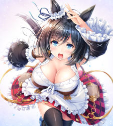 Rule 34 | 1girl, akashio (loli ace), animal ears, black hair, black thighhighs, blue eyes, breasts, chain, cleavage, commentary, detached sleeves, eishin flash (umamusume), frilled sleeves, frills, hair between eyes, highres, horse ears, large breasts, looking at viewer, open mouth, running, simple background, solo, sweat, thighhighs, umamusume, wide sleeves, zettai ryouiki