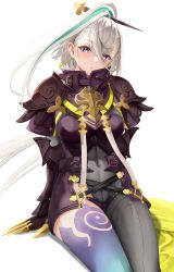 Rule 34 | 1girl, armor, asymmetrical clothes, blush, bodysuit, breastplate, breasts, covered navel, fate/grand order, fate (series), gauntlets, green hair, grey bodysuit, grey eyes, hair between eyes, hair ornament, hairpin, high collar, highleg, highres, huyan zhuo (fate), huyan zhuo (second ascension) (fate), large breasts, long hair, looking at viewer, multicolored hair, pauldrons, shoulder armor, single pantsleg, sitting, solo, streaked hair, thighs, very long hair, white hair, yamaneko (tkdrumsco)