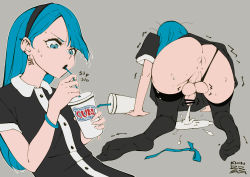 Rule 34 | 1boy, all fours, anus, artist logo, artist name, artist self-insert, artist self-reference, ass, asymmetrical bangs, bar censor, black hairband, black shirt, blue eyes, blue hair, censored, clothing aside, collared shirt, cum, cum on floor, cum pool, cup, drinking, drinking straw, earrings, ejaculation, flat chest, grey background, hair over one eye, hairband, highres, jewelry, khindzadza, khindzadza (character), long hair, pale skin, panties, panties aside, partially undressed, penis, perineum, projectile cum, ribbon, shaking, shirt, simple background, splatter, sweatdrop, testicles, text focus, thighhighs, trap, underwear