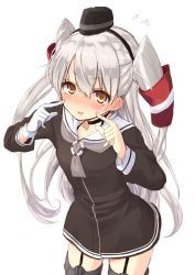 Rule 34 | 1girl, amatsukaze (kancolle), black choker, black dress, black hairband, black hat, blush, brown eyes, choker, commentary request, cowboy shot, dress, embarrassed, flying sweatdrops, garter straps, gloves, grey neckerchief, hair between eyes, hair tubes, hairband, hat, kantai collection, leaning forward, lifebuoy, long hair, looking at viewer, mini hat, neckerchief, open mouth, pointing, pointing at self, sailor dress, short dress, silver hair, simple background, single glove, smile, solo, standing, swim ring, two side up, uro (urotanc), white background