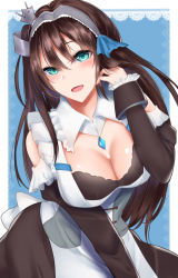 Rule 34 | 1girl, apron, azur lane, black hair, blush, breasts, cleavage, commentary request, commission, frills, green eyes, highres, kuzya, large breasts, long hair, maid, maid apron, maid headdress, newcastle (azur lane), pixiv commission