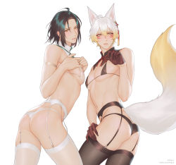 Rule 34 | 2boys, ahoge, animal ears, ass, black hair, black legwear, blush, brown gloves, claw pose, commentary, contrapposto, covered erect nipples, cowboy shot, detached collar, ear piercing, earrings, english commentary, eyeliner, facial mark, fox boy, fox ears, fox tail, from behind, garter belt, gloves, gradient hair, hair between eyes, hand on own thigh, hands up, highres, iceblock (ilhgns), jewelry, large pectorals, lips, looking at viewer, makeup, male focus, multicolored hair, multiple boys, orange eyes, original, parted bangs, parted lips, pectorals, piercing, puffy chest, shiny clothes, shiny legwear, short hair, side-by-side, simple background, standing, sweat, tail, tail raised, tassel, tassel earrings, thong, twisted torso, twitter username, underwear, underwear only, white hair, white legwear