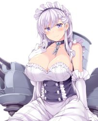 Rule 34 | 1girl, amane hasuhito, apron, azur lane, bad id, bad pixiv id, belfast (azur lane), blue eyes, blush, braid, breasts, chain, cleavage, closed mouth, collar, collarbone, dress, elbow gloves, french braid, frilled gloves, frills, gloves, hand on own chest, large breasts, long hair, looking at viewer, machinery, maid, maid headdress, rigging, sidelocks, silver hair, sitting, smile, solo, white gloves