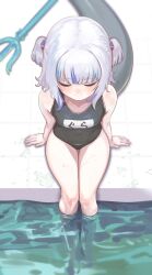 Rule 34 | 1girl, bare shoulders, black one-piece swimsuit, blue hair, blunt bangs, breasts, closed eyes, closed mouth, commentary, dalcom, fins, fish tail, from above, gawr gura, grey hair, hair ornament, highres, hololive, hololive english, medium hair, multicolored hair, one-piece swimsuit, polearm, school swimsuit, shark girl, shark hair ornament, shark tail, sitting, small breasts, smile, soaking feet, solo, streaked hair, swimsuit, tail, thighs, trident, two side up, virtual youtuber, water, weapon, wet
