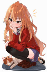 Rule 34 | 1girl, absurdres, aisaka taiga, arm rest, artist request, black ribbon, black thighhighs, blazer, blue skirt, brown eyes, brown footwear, brown hair, cat, closed mouth, collared shirt, commentary, full body, head rest, highres, jacket, light blush, long hair, long sleeves, looking at viewer, neck ribbon, notice lines, oohashi high school uniform, pleated skirt, pouty lips, red jacket, ribbon, school uniform, shirt, shoes, skirt, solo, squatting, thighhighs, toradora!, white background, white shirt