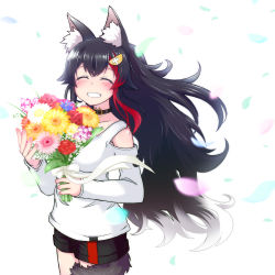 Rule 34 | 1girl, animal ears, ashiga oreta, black hair, black shorts, blush, bouquet, closed eyes, collar, commentary request, facing viewer, flower, grin, hair between eyes, hair ornament, hairclip, highres, holding, holding bouquet, hololive, long hair, long sleeves, multicolored hair, ookami mio, ookami mio (casual), petals, red hair, shirt, short shorts, shorts, sidelocks, simple background, smile, solo, tail, tail wrap, two-tone hair, virtual youtuber, white background, white shirt, wolf ears, wolf girl, wolf tail