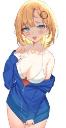 Rule 34 | 1girl, absurdres, aotake iro, bikini, blonde hair, blue eyes, blue hoodie, blush, bob cut, breasts, cleavage, clothes pull, collarbone, commentary, detective, english commentary, hair ornament, halterneck, highres, hololive, hololive english, hood, hoodie, large breasts, looking at viewer, mole, open mouth, pulled by self, revision, short hair, smile, solo, swimsuit, thighs, virtual youtuber, watson amelia, white bikini, zipper