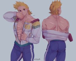 Rule 34 | 1boy, abs, addy (@vegeebs), ass, bare back, bare pectorals, blonde hair, blue eyes, boku no hero academia, bulge, cheek bulge, cowboy shot, from behind, highres, jacket, pectoral cleavage, male focus, multiple views, muscular, muscular male, open clothes, open jacket, pants, pectorals, scar, scar on arm, scar on back, scar on chest, short hair, spiked hair, stomach, thick thighs, thighs, tight clothes, tight pants, togata mirio, wiping face, zipper
