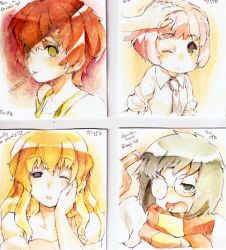 Rule 34 | 10s, 3girls, aged down, amputee, armless amputee, blind, blouse, character name, collared shirt, dated, double amputee, ge-b, gender request, genderswap, hand on another&#039;s head, headpat, katawa shoujo, multiple girls, one eye covered, painting (medium), portrait, round eyewear, satou lilly, scarf, setou kenji, shirt, striped clothes, striped scarf, tezuka rin, traditional media, variations, watercolor (medium), white background, white shirt