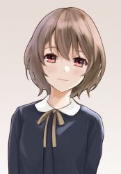 Rule 34 | 1girl, arms at sides, ashiya hiro, black shirt, blush, brown background, brown hair, brown ribbon, closed mouth, collared shirt, commentary request, hair between eyes, head tilt, looking at viewer, neck ribbon, original, red eyes, ribbon, shirt, simple background, smile, solo, upper body