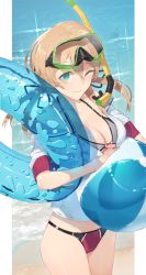 Rule 34 | 10s, 1girl, aqua eyes, ball, beachball, bikini, bikini under clothes, blonde hair, blush, breasts, cleavage, collarbone, cowboy shot, from above, goggles, goggles on head, hayashi kewi, highres, innertube, jacket, kantai collection, lens flare, looking at viewer, low twintails, ocean, one eye closed, prinz eugen (kancolle), sand, short sleeves, smile, snorkel, solo, swim ring, swimsuit, swimsuit under clothes, twintails, upper body, water, waves