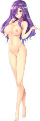 Rule 34 | 1girl, absurdres, barefoot, breasts, completely nude, full body, girls book maker ~shiawase no libretto~, hair over one eye, highres, kotonoha shiori, large breasts, long hair, navel, nipples, no pussy, nude, official art, purple eyes, purple hair, smile, solo, standing, transparent background