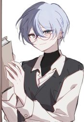 Rule 34 | 1boy, aoyagi touya, bespectacled, black shirt, blue hair, buttoned cuffs, buttons, closed mouth, collared shirt, commentary request, dark blue hair, double-parted bangs, ear piercing, earrings, eyes visible through hair, glasses, grey-framed eyewear, grey eyes, grey sweater vest, hair between eyes, highres, jewelry, korean commentary, light blue hair, long bangs, long sleeves, looking at object, male focus, multicolored hair, odd 255, open collar, piercing, project sekai, round eyewear, semi-rimless eyewear, shirt, short hair, simple background, sketch, smile, solo, split-color hair, stud earrings, sweater vest, tsurime, turtleneck, two-tone hair, under-rim eyewear, upper body, v-neck, white background, white shirt