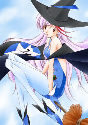 Rule 34 | 1girl, aikawa akane, arm support, black hat, blue dress, blue footwear, blue gloves, breasts, broom, broom riding, brown eyes, cleavage, day, dress, earrings, facing viewer, floating, full body, gloves, hat, jewelry, long hair, looking at viewer, mahou tsukai tai!, multicolored hair, no bra, outdoors, pantyhose, purple hair, short dress, sidesaddle, silver hair, small breasts, solo, streaked hair, tagme, tongue, tongue out, two-tone hair, witch hat