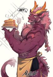 Rule 34 | 1boy, animal ear fluff, animal ears, antlers, apron, bara, boxer briefs, braid, braided ponytail, claws, closed mouth, colored skin, commentary, cowboy shot, dragon boy, dragon ears, dragon tail, english text, food, fur-tipped tail, hands up, holding, holding plate, holding spatula, horns, looking at viewer, male focus, male underwear, mudosa, original, pancake, pancake stack, plate, purple skin, simple background, solo, sparkle, spatula, speech bubble, standing, symbol-only commentary, tail, thick eyebrows, topless male, underwear, waist apron, white background, yellow apron, yellow eyes