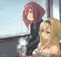 Rule 34 | 2girls, alternate costume, ark royal (kancolle), black tea, blonde hair, blue eyes, blush, braid, closed mouth, collarbone, cup, dress, french braid, green eyes, hair between eyes, hairband, highres, holding, holding cup, jewelry, kantai collection, long hair, long sleeves, multiple girls, necklace, off-shoulder dress, off shoulder, red hair, short hair, signature, smile, snowing, sunday aki, tea, tiara, warspite (kancolle), white dress