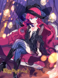 Rule 34 | 1girl, :o, black dress, crossed legs, dress, hat, highres, kiya machi, lady musk (otogi:spirit agents), long hair, looking at viewer, official art, open mouth, otogi:spirit agents, parted lips, purple eyes, red hair, sitting, solo, thighhighs, wavy hair, witch hat