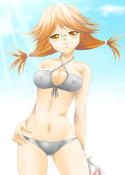 Rule 34 | 00s, 1girl, ayato, bad id, bad pixiv id, bikini, breasts, brown eyes, brown hair, covered erect nipples, front-tie top, glasses, halterneck, halterneck, highres, long hair, lyrical nanoha, mahou shoujo lyrical nanoha, medium breasts, numbers (nanoha), quattro (nanoha), solo, swimsuit, twintails