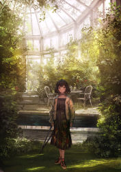 Rule 34 | 1girl, arms at sides, black dress, black hair, blush, bob cut, brown eyes, day, dress, greenhouse, highres, holding, indoors, jacket, light smile, lm7 (op-center), looking at viewer, open clothes, open jacket, original, plant, purple eyes, scenery, shoes, sneakers, solo, standing, sunlight, wide shot