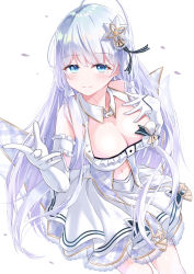 Rule 34 | 1girl, absurdres, arm up, azur lane, blue eyes, breasts, classic (zildjian33), cleavage, dress, elbow gloves, gloves, hair ornament, hand on own chest, highres, illustrious (azur lane), illustrious (muse) (azur lane), large breasts, long hair, looking at viewer, midriff, mole, mole under eye, navel, outstretched hand, ribbon, sidelocks, simple background, smile, solo, white background, white dress, white gloves, white hair, white legwear