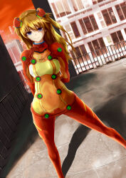 Rule 34 | 1girl, artist request, blue eyes, bodysuit, breasts, brown hair, city, covered navel, evangelion: 2.0 you can (not) advance, hair between eyes, hair ornament, highres, long hair, looking at viewer, neon genesis evangelion, pilot suit, plugsuit, rebuild of evangelion, red bodysuit, see-through, see-through bodysuit, shiny clothes, simple background, smile, souryuu asuka langley, test plugsuit, very long hair, wide hips