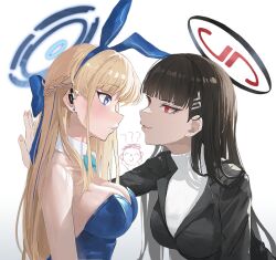 Rule 34 | 1boy, 2girls, ?, ??, animal ears, doodle sensei (blue archive), bare shoulders, black hair, black jacket, blazer, blonde hair, blue archive, blue eyes, blue hairband, blue leotard, blunt bangs, blush, bow, bowtie, braid, breasts, detached collar, earpiece, earrings, face-to-face, fake animal ears, from side, hair bow, hair ornament, hairband, hairclip, halo, invisible wall, jacket, jewelry, kabedon, large breasts, leotard, lips, long hair, looking at another, lordry, multicolored hair, multiple girls, parted lips, playboy bunny, rabbit ears, red eyes, rio (blue archive), sensei (blue archive), simple background, streaked hair, stud earrings, sweater, toki (blue archive), toki (bunny) (blue archive), turtleneck, turtleneck sweater, upper body, white background, white sweater