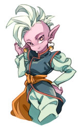 Rule 34 | 1boy, androgynous, colored skin, dragon ball, dragonball z, earrings, hand on own hip, jewelry, kaioushin, looking at viewer, male focus, mohawk, pointy ears, potara earrings, purple skin, shin (dragon ball), simple background, smile, solo, tsumuri, white background, white hair