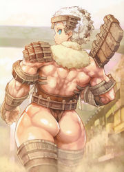 Rule 34 | 1girl, absurdres, aqua eyes, argus (shadow of the colossus), ass, axe, back, bare back, giant, giantess, highres, lips, looking back, muscular, muscular female, personification, scan, shadow of the colossus, shigatake, short hair, solo, weapon, white hair