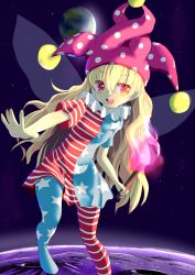 Rule 34 | 1girl, american flag dress, american flag legwear, blonde hair, blush, clownpiece, earth (planet), fairy wings, gradient background, hat, highres, ishikkoro, jester cap, long hair, looking at viewer, moon, open mouth, pantyhose, planet, pointy ears, print pantyhose, red eyes, short sleeves, smile, solo, star (symbol), striped, touhou, wings
