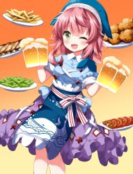 Rule 34 | 1girl, ;d, animal print, apron, beer mug, blue apron, blue headwear, blue shirt, commentary request, cross-laced clothes, cup, fish print, food, french fries, frilled skirt, frills, gradient background, green eyes, highres, holding, holding cup, looking at viewer, medium hair, mug, okunoda miyoi, one eye closed, open mouth, orange background, pink hair, purple skirt, ribs (food), ruu (tksymkw), shirt, skirt, smile, solo, tomato, touhou, whale hat, whale print