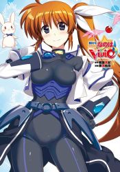 Rule 34 | 1girl, :x, armor, blue background, blush, blush stickers, bodysuit, bow, bowtie, breasts, brown hair, cosplay, cropped jacket, faulds, fujima takuya, hair ribbon, hand on own chest, impossible clothes, jacket, logo, long hair, long sleeves, looking at viewer, lyrical nanoha, mahou shoujo lyrical nanoha vivid, medium breasts, off shoulder, official art, purple eyes, raising heart, red eyes, ribbon, sacred heart, side ponytail, skin tight, smile, stuffed animal, stuffed rabbit, stuffed toy, takamachi nanoha, vivio, vivio (cosplay), waist cape, wings