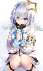 Rule 34 | 1girl, absurdres, amane kanata, angel wings, armband, black skirt, blue bow, blue hair, blue legwear, blue wings, bob cut, bow, commentary request, feathered wings, feet out of frame, frilled skirt, frills, gradient wings, hair between eyes, halo, hands up, highres, hololive, jacket, knees together feet apart, long sleeves, looking at viewer, mini wings, multicolored hair, multicolored wings, own hands together, parted lips, plaid, plaid legwear, pondel, purple eyes, silver hair, single hair intake, skirt, solo, star halo, teeth, two-tone hair, upper teeth only, virtual youtuber, white background, white jacket, white wings, wings