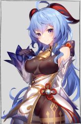 Rule 34 | 1girl, absurdres, ahoge, bell, blue hair, blush, bodysuit, breasts, brown bodysuit, closed mouth, cowbell, detached sleeves, dress, ganyu (genshin impact), genshin impact, goat horns, highres, horns, kei (soundcross), large breasts, long hair, looking at viewer, purple eyes, revision, smile, solo, thighs, white dress