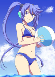 Rule 34 | 1girl, ball, beachball, bikini, blue bikini, blue sky, breasts, closed mouth, cloud, contrapposto, copyright request, cowboy shot, d-pad, d-pad hair ornament, day, frilled bikini, frills, hair ornament, headphones, holding, ishii hisao, long hair, looking at viewer, medium breasts, navel, outdoors, purple background, purple eyes, sky, solo, standing, swimsuit, twintails, very long hair, virtual youtuber, wading