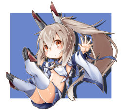 Rule 34 | 1girl, ascot, ass, ayanami (azur lane), azur lane, belt, blue skirt, chibi, commentary request, detached sleeves, full body, hair between eyes, hair ornament, hairclip, headgear, highres, long hair, long sleeves, looking at viewer, midriff, navel, orange eyes, outstretched arms, pleated skirt, ponytail, retrofit (azur lane), ribbon-trimmed sleeves, ribbon trim, school uniform, serafuku, sidelocks, silver hair, simple background, skirt, solo, spread arms, tenteru, thighhighs, two-tone background, white thighhighs, wide sleeves, zettai ryouiki