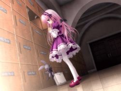 Rule 34 | 1girl, bag, dress, dutch angle, game cg, gothic lolita, hairband, locker, lolita fashion, long hair, magical tale, own hands clasped, own hands together, pantyhose, pink hair, pointy ears, purple eyes, rabbit, sasha (magical tale), school bag, solo, stuffed animal, stuffed rabbit, stuffed toy, thighhighs, tinker bell (pixiv 10956015), wings
