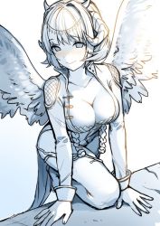 Rule 34 | 1girl, blue theme, blush, breasts, cleavage, closed mouth, commentary, curled horns, dress, headpiece, horns, knee up, large breasts, long sleeves, looking at viewer, lucrezia (war of ashird), monochrome, satchely, short hair, smile, solo, spot color, war of ashird, wings