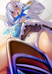 Rule 34 | 1girl, amane kanata, angel wings, armband, bad id, bad twitter id, blue hair, blue neckwear, blush, bob cut, breasts, chair, classroom, clothed masturbation, colored inner hair, crotch rub, detached wings, dress, female masturbation, from below, fumihiko (fu mihi ko), hair ornament, halo, heavy breathing, highres, hololive, indoors, long sleeves, masturbation, masturbation through clothes, multicolored hair, nose blush, open mouth, panties, public indecency, purple eyes, pussy juice, pussy juice drip, pussy juice stain, pussy juice trail, school uniform, short hair, silver hair, single hair intake, small breasts, solo, star halo, streaked hair, sweat, table humping, teeth, tongue, underwear, upper teeth only, virtual youtuber, wet, wet clothes, white dress, white panties, wings