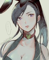 Rule 34 | ..., 1girl, animal ears, black hair, breasts, bright pupils, rabbit ears, choker, cleavage, closed mouth, dragon quest, dragon quest xi, grey background, hairband, heart, heart choker, long hair, looking at viewer, martina (dq11), miso katsu, purple eyes, red choker, simple background, solo, spoken ellipsis, white pupils