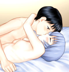 Rule 34 | 1boy, 1girl, arms around neck, ayanami rei, bed, bed sheet, black eyes, black hair, blue hair, blush, boy on top, breasts, brown background, clenched hand, closed eyes, commentary, completely nude, covered erect nipples, flat chest, french kiss, gradient background, hanta bonjin, hetero, hug, ikari shinji, kiss, looking at another, lying, neon genesis evangelion, nipples, nude, on back, on bed, short hair, small breasts, tearing up, tears, upper body