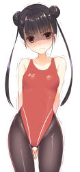 Rule 34 | &gt;:(, 1girl, alternate hairstyle, aria (koiiroharemoyou), arms behind back, bare arms, black hair, black pantyhose, blush, breasts, cafe stella to shinigami no chou, closed mouth, collarbone, commentary, competition swimsuit, double bun, embarrassed, eyes visible through hair, frown, full-face blush, gluteal fold, groin, hair bun, head tilt, highres, long hair, looking at viewer, medium breasts, mole, mole under eye, one-piece swimsuit, own hands together, pantyhose, pantyhose under swimsuit, red one-piece swimsuit, shaded face, shiki natsume, sidelocks, simple background, solo, sweat, swimsuit, trembling, twintails, v-shaped eyebrows, very long hair, white background, yellow eyes, yuzu-soft