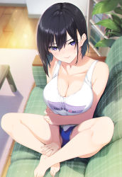 Rule 34 | 1girl, alphabet, bare arms, bare legs, bare shoulders, barefoot, black hair, blush, breasts, check commentary, cleavage, closed mouth, collarbone, commentary request, couch, feet, hair between eyes, iizuki tasuku, indoors, large breasts, leaf, looking at viewer, medium hair, original, plant, potted plant, purple eyes, shadow, short hair, shorts, sitting, solo, tank top