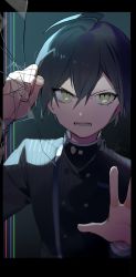 Rule 34 | 1boy, against fourth wall, against glass, black border, black hair, black jacket, border, broken glass, brown eyes, commentary request, danganronpa (series), danganronpa v3: killing harmony, glass, hair between eyes, highres, huyuharu0214, jacket, long sleeves, looking at viewer, lower teeth only, male focus, open mouth, saihara shuichi, short hair, signature, solo, striped clothes, striped jacket, teeth, upper body